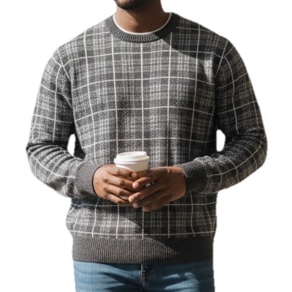 Jos. A. Bank 1905 Sweater Mens Large Grey Plaid Tailored Fit Crewneck Knit